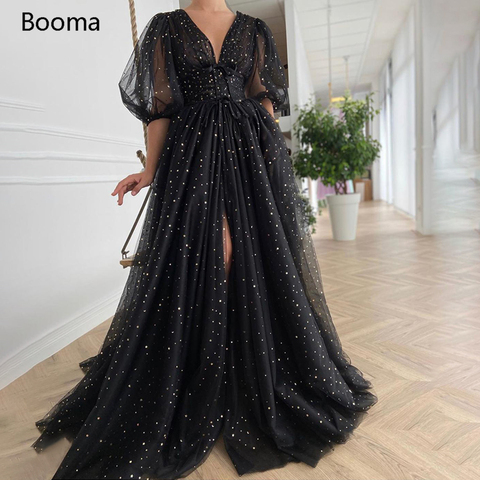 Booma Black Starry Tulle Prom Dresses Sparkly V-Neck Half Puff Sleeves Ruched Wedding Party Dresses Slits Long A-Line Prom Gowns ► Photo 1/4