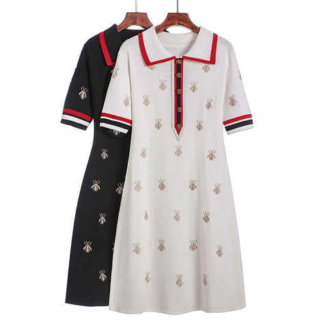 2022 Spring Summer Knit Cartoon Embroidered Polo Dress Woman Plus Size Black Casual Knee-length Straight Dresses Female ► Photo 1/6