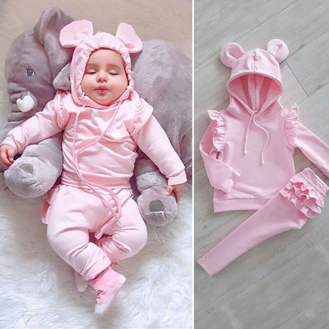 CANIS Autumn Baby Girl Tracksuit Long Sleeve Ruffles Solid Lovely Hooded Shirt Top Pants Trousers Outfit Clothes Set 0-24M ► Photo 1/6