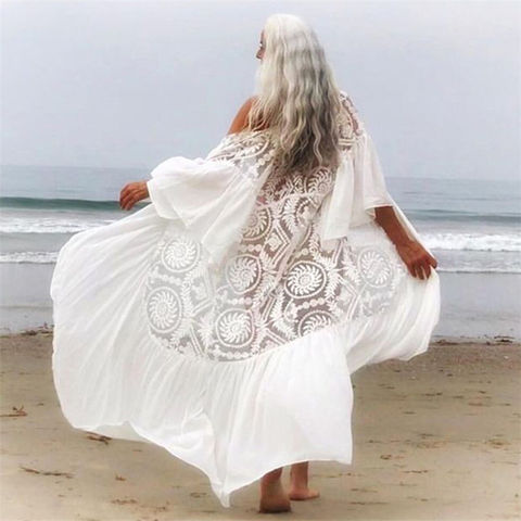 2022 Beach Cover-ups Beach Women White Sexy Elegant Long Ruffle Sleeve Lace Open Front Summer Maxi dress Swimsuit Cover Up N1049 ► Photo 1/6