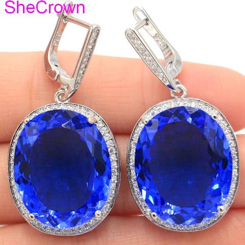 40x20mm SheCrown Big Oval 22x18mm 17.5g Created Rich Blue Violet Tanzanite White CZ Ladies Party 925 Silver Earrings ► Photo 1/4