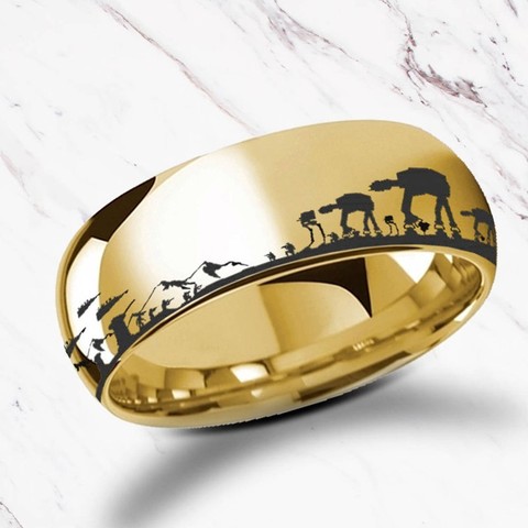 Personalized Star Wars Battle Of The Hoth Scene ATAT ATST In Gold Tone 8mm Engraved Men Women Ring ► Photo 1/6