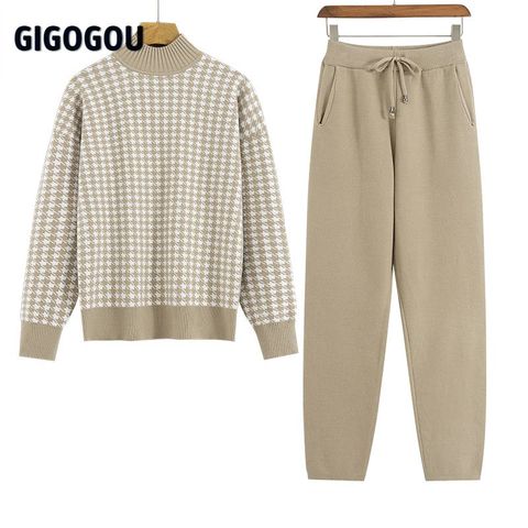 GIGOGOU Houndstooth Knit Women Sweater Costume Thick Turtleneck Winter Oversized Casual Loose Pullover Sweaters 2 Pieces Sets ► Photo 1/6