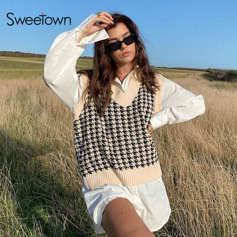 Sweetown Houndstooth Knitted Oversized Womens Sweater Vest Vintage Preppy Style Clothes V Neck Casual Loose 90s Knitwear Autumn ► Photo 1/6