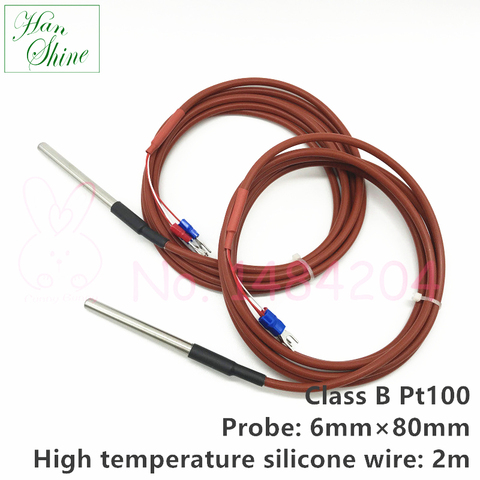 PT100 RTD Temperature Sensor 6mm*80mm Class B 2m Silicone Gel Coated Wire Platinum Resistance  Pt 100 Stainless Steel Housing ► Photo 1/3