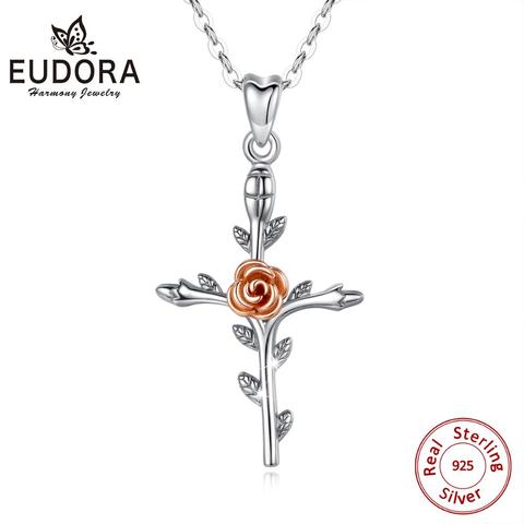 Eudora Real 925 Sterling Silver Rose golden rose flower Cross Pendant Necklaces Fine Jewelry for women Party  Romantic Gift D174 ► Photo 1/6