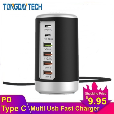 Tongdaytech 65W Multi 6 Port USB Fast Charger HUB Quick Charge QC 3.0 Type C PD Charger USB Charging Station Carregador Portatil ► Photo 1/6