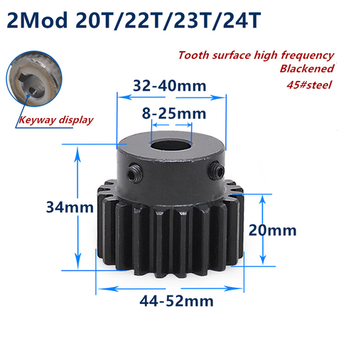 1pc Spur Gear pinion Mod 2 M=2 20T 22T 23T 24T R Teeth 45# steel positive gear CNC gear rack transmission motor gears 21teeth ► Photo 1/4