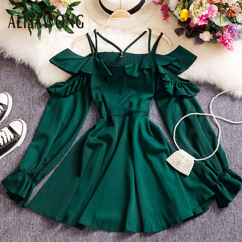 Spring 2022 Fahsion Women Sexy Off The Shoulder Hollowing Out Strapless Dress Ladies Puff Sleeve Spaghetti Strap Slim Dresses ► Photo 1/6