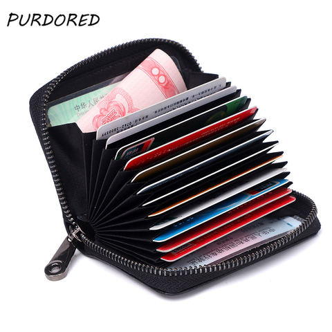 PURDORED 1 pc Men Business Card Holder Genuine Leather Credit Card Holder Women Zipper Pocket Unisex Card Case Zipper Coin Purse ► Photo 1/6