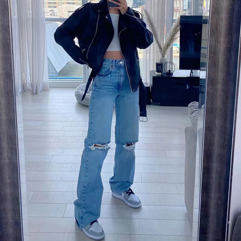 MosiMolly 2022 Spring Ripped Hole Jeans Denim Pants Women Flare Floor Jeans Vintage Blue Black Tassel Jeans Denim Pants Bottom ► Photo 1/6