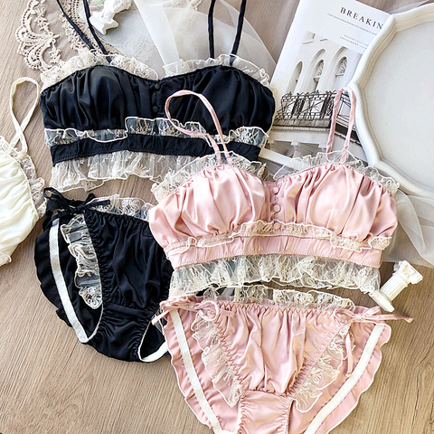 Wriufred Vintage satin lace wire free bandeau bra set private house sexy fairy lingerie sets nightwear cotton cup underwear ► Photo 1/6