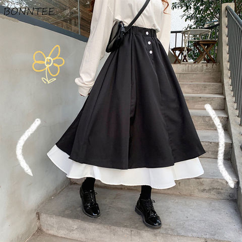 Skirts Women Chic Korean Retro Ruffles All-match Summer Fall Basic Ladies Skirt Lovely Patchwork Ins Elastic Waist Womens Faldas ► Photo 1/6