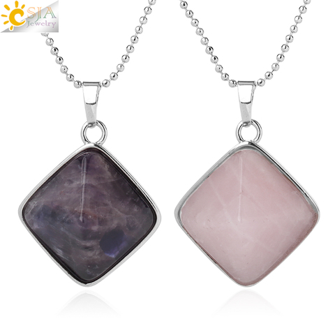 CSJA Natural Stones Pyramid Pendants Square Reiki Purple Crystal Pink Quartz Necklaces for Women Men Trendy Healing Jewelry G298 ► Photo 1/6
