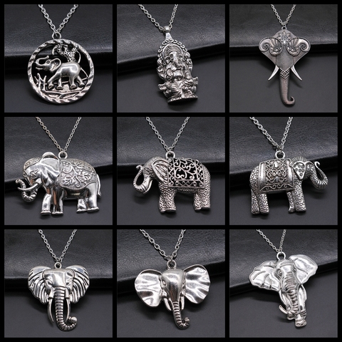 Thai Elephant Pendant Necklace Fashion Vintage Antique Silver Color Big Elephant Necklace Long Chain Metal Chain Necklace ► Photo 1/1