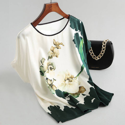 Women Silk Satin Blouses Plus size Batwing sleeve Vintage Print Floral Blouse Ladies Casual Short sleeve Tops ► Photo 1/5