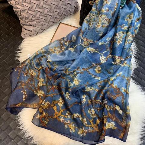 [BYSIFA] Ultralarge Spring Autumn Silk Scarf Wraps Brand Female Long Scarf Cape Fashion New Design Lace Pattern Blue Silk Scarf ► Photo 1/6