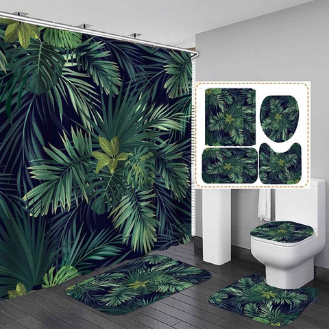 Green Tropical Plant Leaves Printed Curtain For Bathroom Shower Anti-slip Bath Mat Sets Toilet Cover Kitchen Carpet ► Photo 1/6