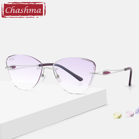 Cat Eye Prescription Glasses for Women Rhinestone Gradient Colored Lenses Rimless Frame ► Photo 1/6