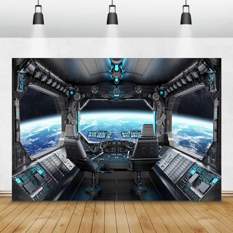 Laeacco Birthday Photography Backgrounds Universe Space Capsule Spaceship Little Astronaut Photo Backdrops For Photo Studio Prop ► Photo 1/6