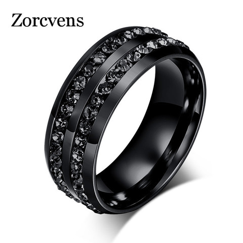 ZORCVENS High Quality Male Punk Vintage Black Stainless Steel Jewelry Two Rows CZ Stone Wedding Ring for Man Woman ► Photo 1/6