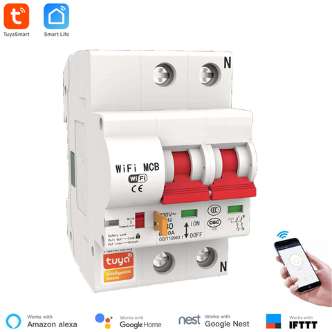 Smart Life WiFi Circuit Breaker 2P  Automatic Switch Overload Short Circuit Protection Alexa Google Home  Compatible ► Photo 1/6