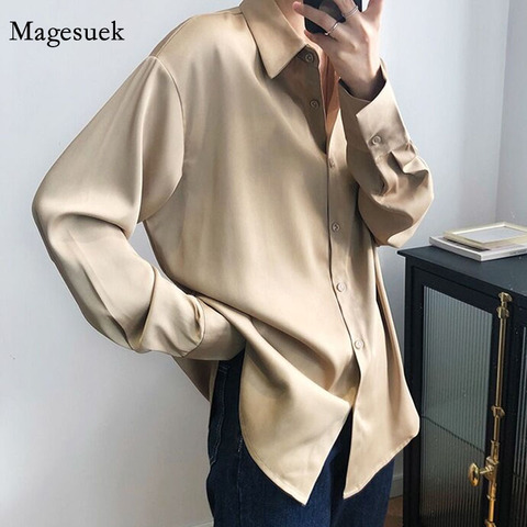 Vintage Elegant Office Ladies Solid Satin Shirts 2022 Fashion Women Blouses New Long Sleeve Turn Down Collar Loose Tops 12534 ► Photo 1/6