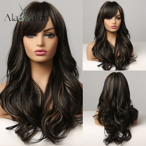 ALAN EATON Long Water Wave Synthetic Wigs with Side Bangs Mixed Black Brown Honey Golden Highlight Wigs for Women Heat Resistant ► Photo 1/6
