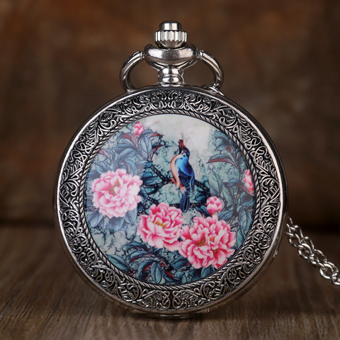 Vintage Silver Quartz Fob Pocket Watch Vivid Bird On the Tree with Exquisite Flowers patterns Necklace Pendant Pocket Watches ► Photo 1/5