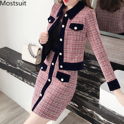Winter Women Tweed Vintage Two Piece Skirt Suits Sets Buttons Coat And A-line Skirt Outfits Sets Elegant Fashion 2 Piece Sets ► Photo 1/6