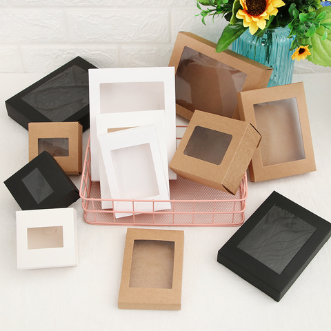 10Pcs Vintage Kraft Paper Gift Box Cake Package Clear PVC Window Candy Wrapping Bag Wedding Birthday DIY Gifts Party Favors ► Photo 1/6