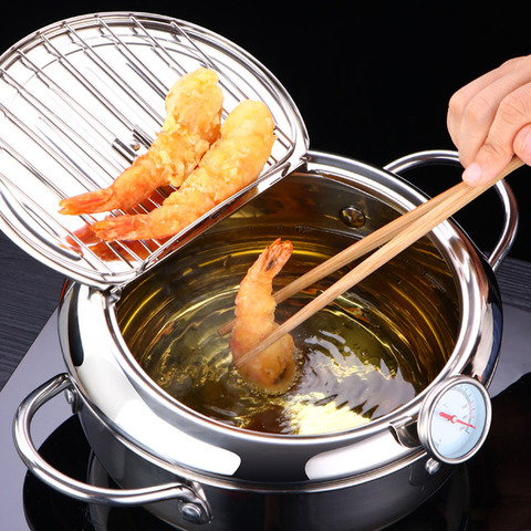 LMETJMA Japanese Deep Frying Pot with a Thermometer and a Lid 304 Stainless Steel Kitchen Tempura Fryer Pan 20 24 cm KC0405 ► Photo 1/6
