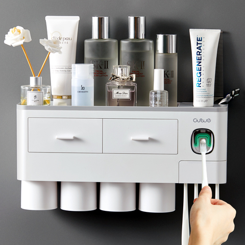 Wall-Mounted Magnetic Adsorption Lnverted Toothbrush Holder Toothpaste Dispenser With Cup Storage Rack Bathroom Accessories Set ► Photo 1/6