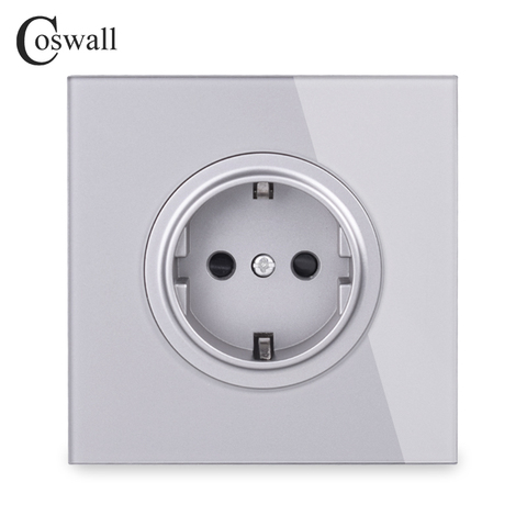 Coswall Crystal Glass Panel 16A EU Standard Wall Power Socket Outlet Grounded With Child Protective Lock Grey Gray R11 Series ► Photo 1/4