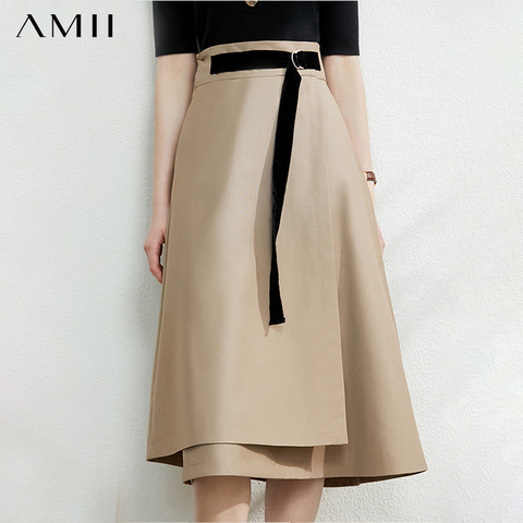 AMII Minimalism Autumn Fashion Solid Belt Women Skirt Causal High Waist Aline Irregular Hem Female Skirt 12040091 ► Photo 1/5