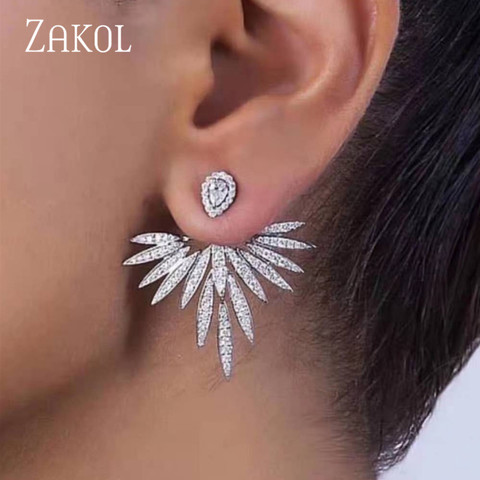 ZAKOL 2022 Elegant Feather Shape White Gold Earrings Good Quality Zircon Jewelry Party Stud Earrings for Women FSEP2539 ► Photo 1/5