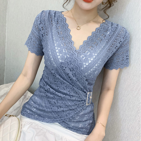 5XL Women lace tops New Arrivals 2022 Summer short sleeve v-neck women blouse shirt Sexy Hollow out lace tops plus size blusas ► Photo 1/6