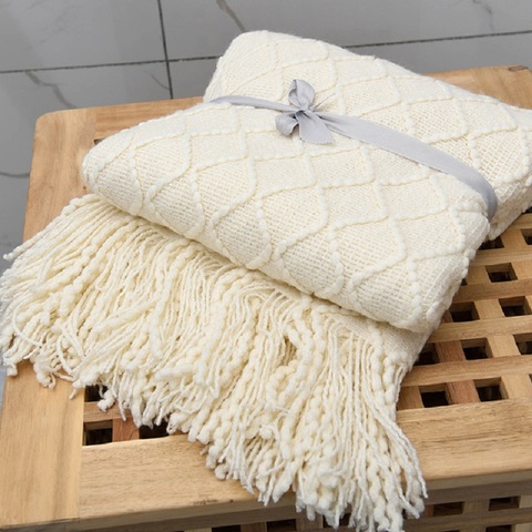 Inya Chunky Knit Blanket Beige Soft Tassel Plaid Weight Blanket For Bed Home Decorative Sofa Throws Industrial Style Tapestry ► Photo 1/6