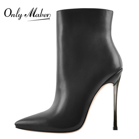 Onlymaker Women's Poited Toe Metal Thin High Heel Ankel Booties Side Zipper Fashion Black Red Boots ► Photo 1/6