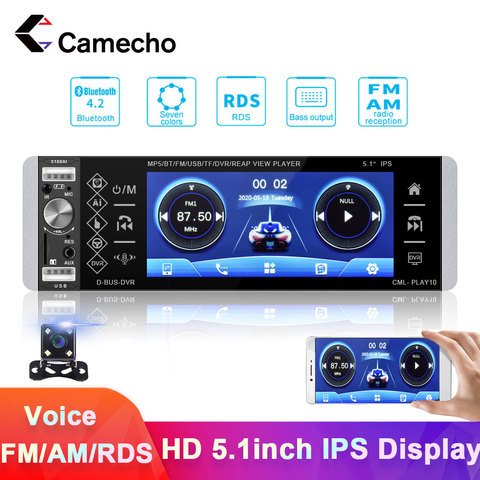 Camecho 1 Din Car Radio 5.1inch IPS Display Bluetooth 4.2 Autoradio AM FM  RDS AI Voice Assistant MP5 SD/AUX/DVR Player Universal - Price history &  Review