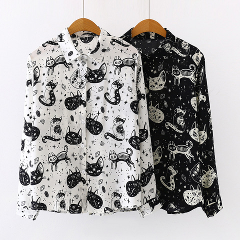 Autumn Spring Women Shirts Black White Cartoon Cat Print Blouses Fashion Slim Long Sleeve Chiffon Shirt Female Tops Blusas Mujer ► Photo 1/6