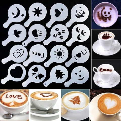 16 Pcs Coffee/Latte/Cappuccino Barista Art Stencils Cake Duster Templates  Coffee Tools Accessories Latte Art