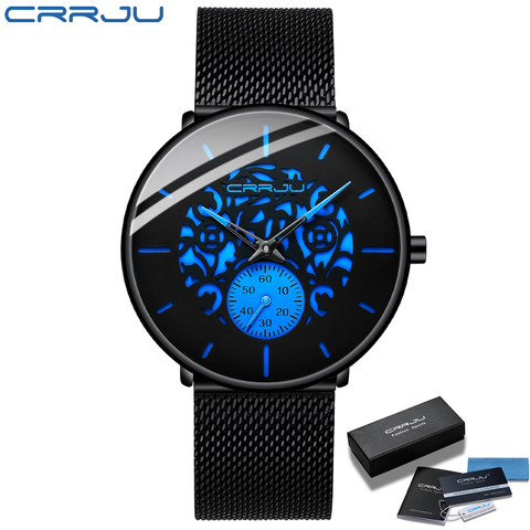 Men Watch Fashion CRRJU 2022 Men's Blue Ultra-thin Mesh Strap WristWatch Retro Hollow Flower Cool Casual Waterproof Men Watch ► Photo 1/6