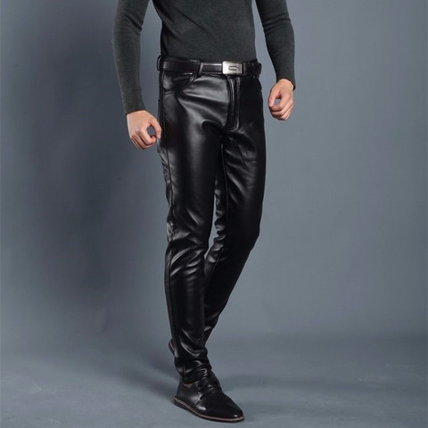 Autumn Winter fit Warm Velet leather pants men's Leggings Black Solid Faux Leather Pants Jeans Trousers For Men ► Photo 1/6
