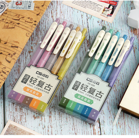 New Vintage Color Gel Pens Set Quick Dry 0.5mm Binder Clip Soft Rubber Grip Bullet Tip Retro Pens Writing Supplies Stationery ► Photo 1/5