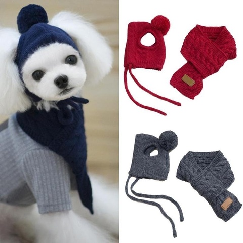 Hat for Dogs Winter Warm Stripes Knitted Hat+Scarf Collar Puppy Teddy Costume Christmas Clothes Santa Dog Costume ► Photo 1/1