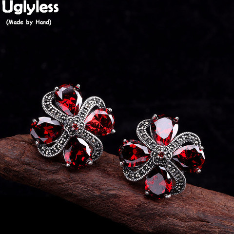 Uglyless Garnet Clover Stud Earrings for Women Thai Silver Ethnic Floral Studs Real 925 Silver Marcasite Brincos Bijoux E1451 ► Photo 1/6