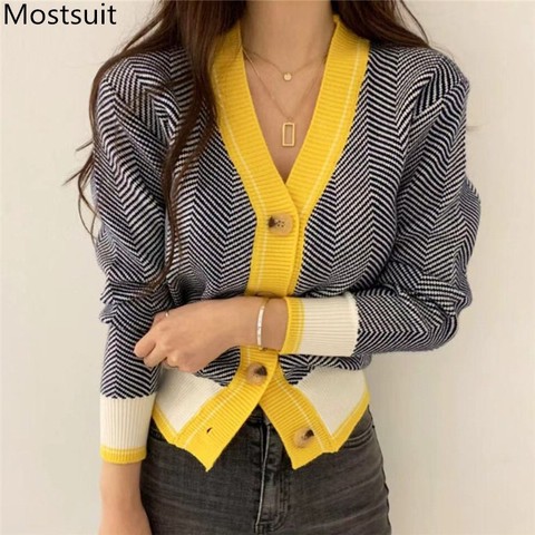 V-neck Single-breasted Korean Cardigan Sweater Women 2022 Autumn Winter Color-blocked Long Sleeve Fashion Elegant Ladies Tops ► Photo 1/6