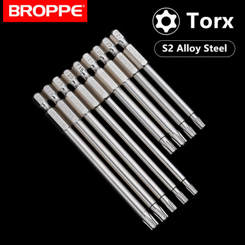 Broppe 10pcs S2 Alloy Steel T6-T40 75/100mm Magnetic Torx Screwdriver Bits 1/4 Inch Hex Shank ► Photo 1/6