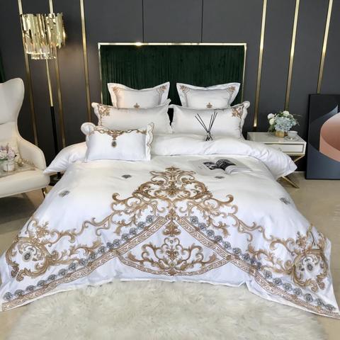 New White Luxury European Royal Gold Embroidery 60S Satin Silk Cotton Bedding Set Duvet Cover Bed Linen Fitted Sheet Pillowcases ► Photo 1/6